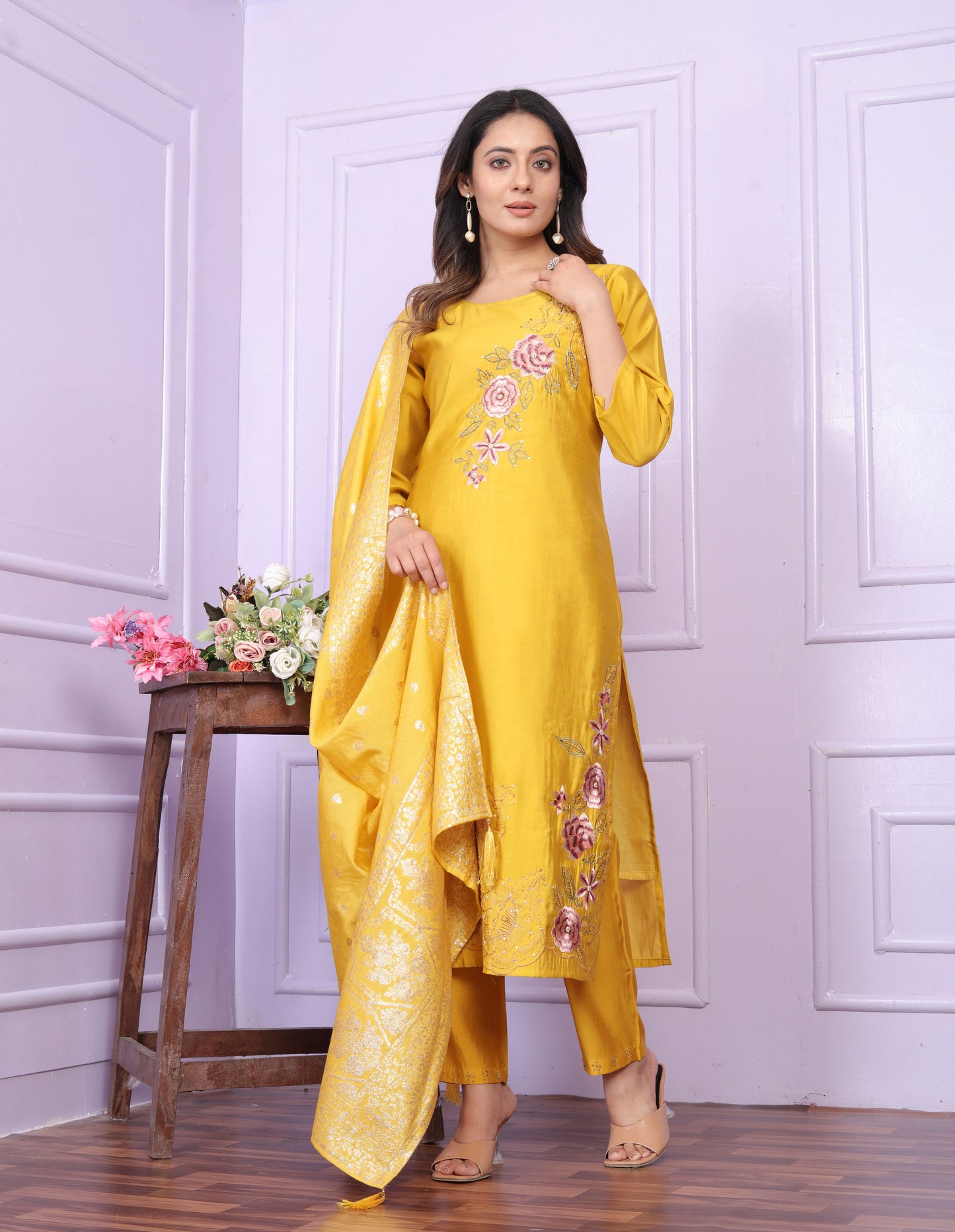 Yellow Straight Hand Work Silk Suit Set