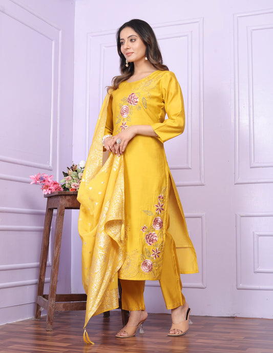 Yellow Straight Hand Work Silk Suit Set
