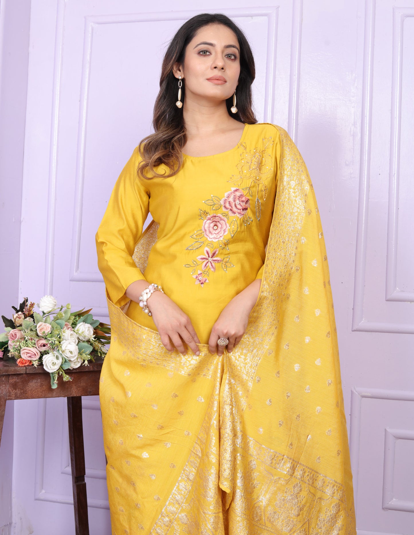 Yellow Straight Hand Work Silk Suit Set