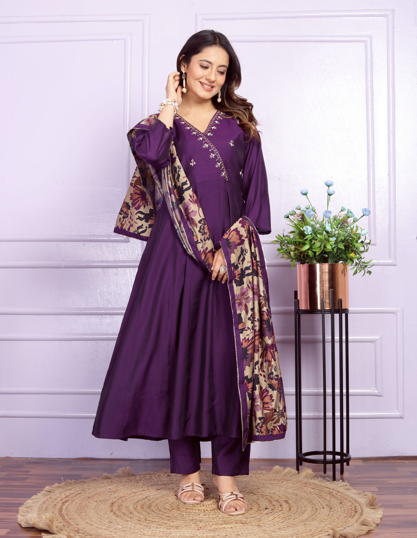 Wine Angrakha Hand Work Silk Suit Set
