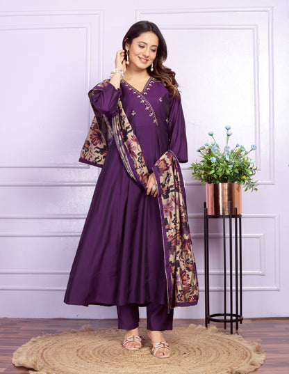 Wine Angrakha Hand Work Silk Suit Set