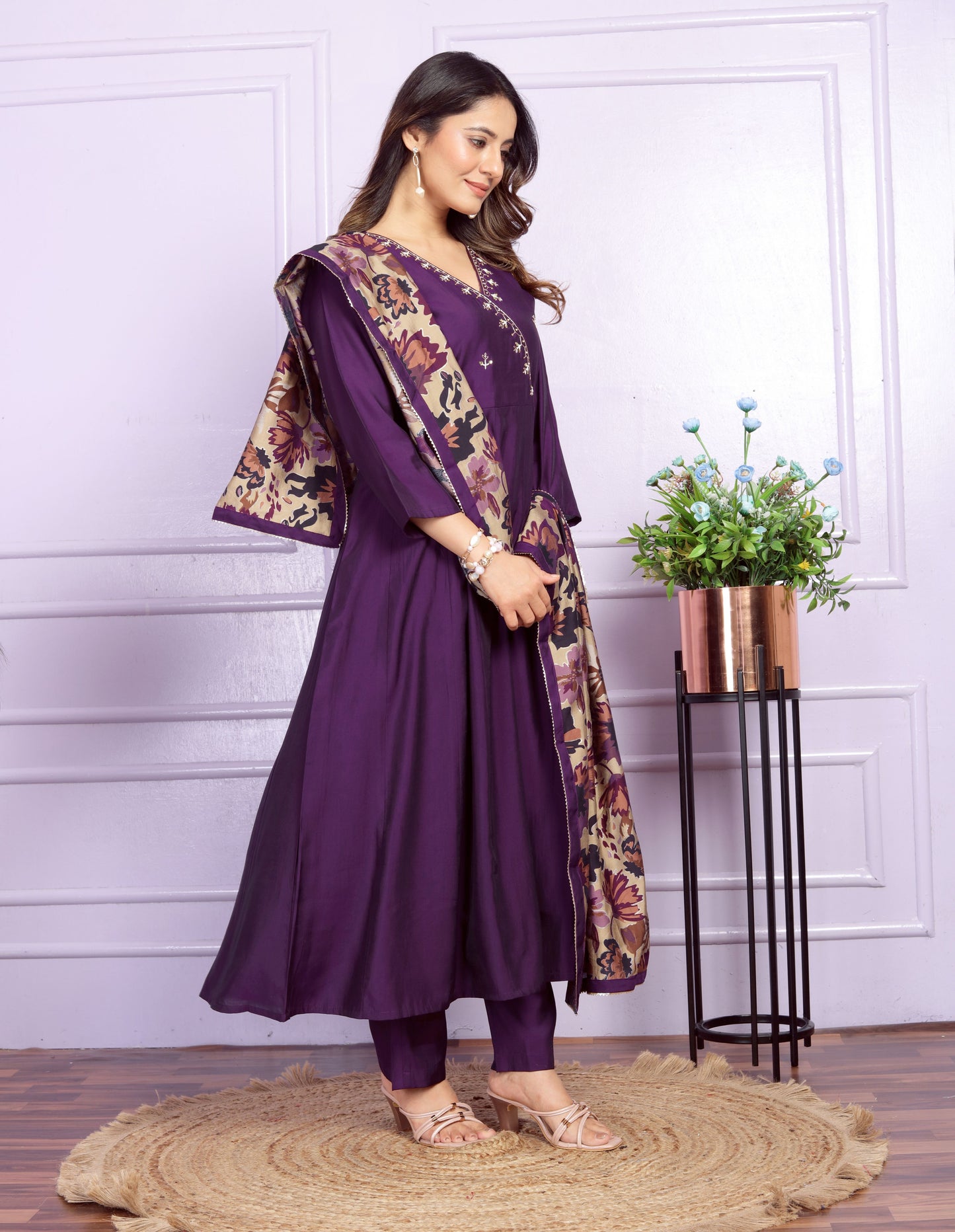 Wine Angrakha Hand Work Silk Suit Set