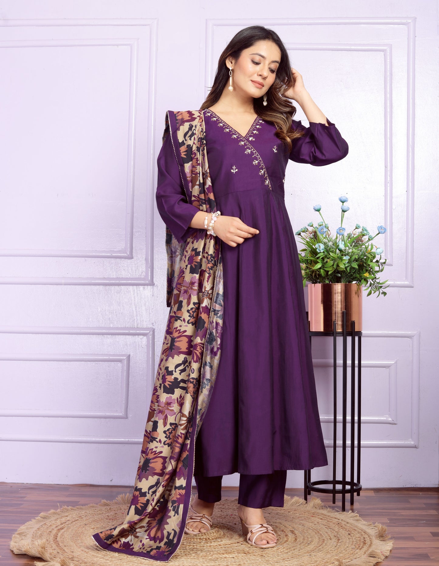 Wine Angrakha Hand Work Silk Suit Set
