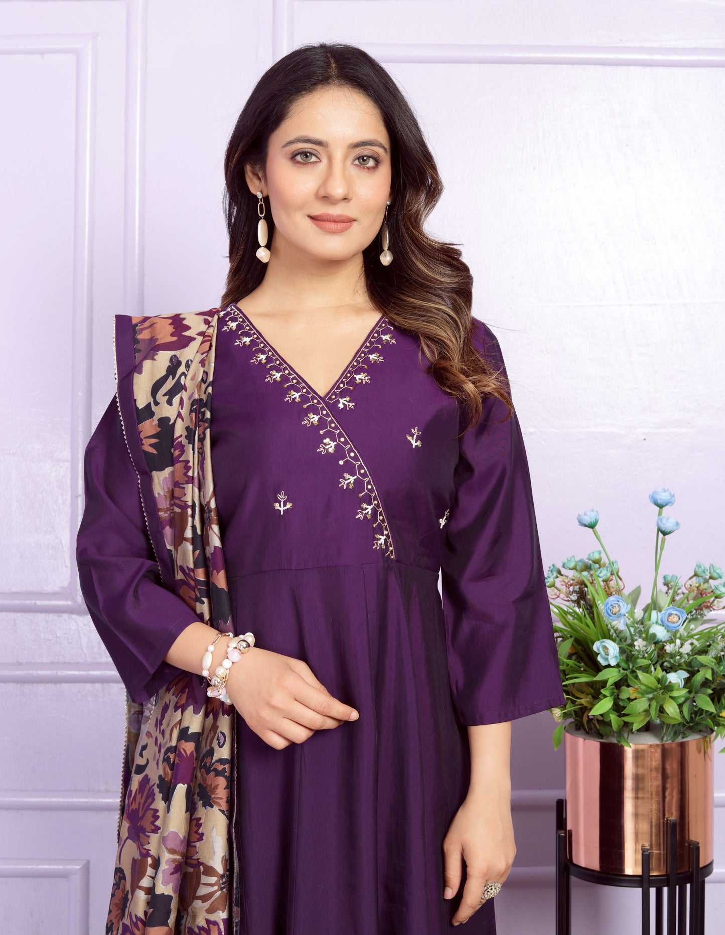 Wine Angrakha Hand Work Silk Suit Set