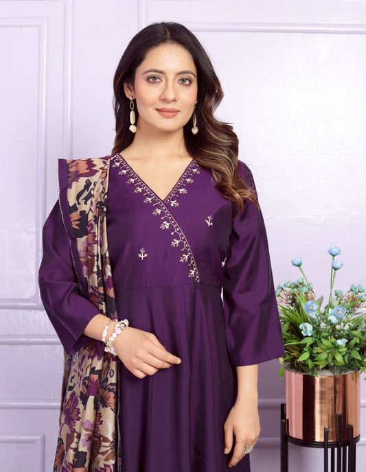 Wine Angrakha Hand Work Silk Suit Set