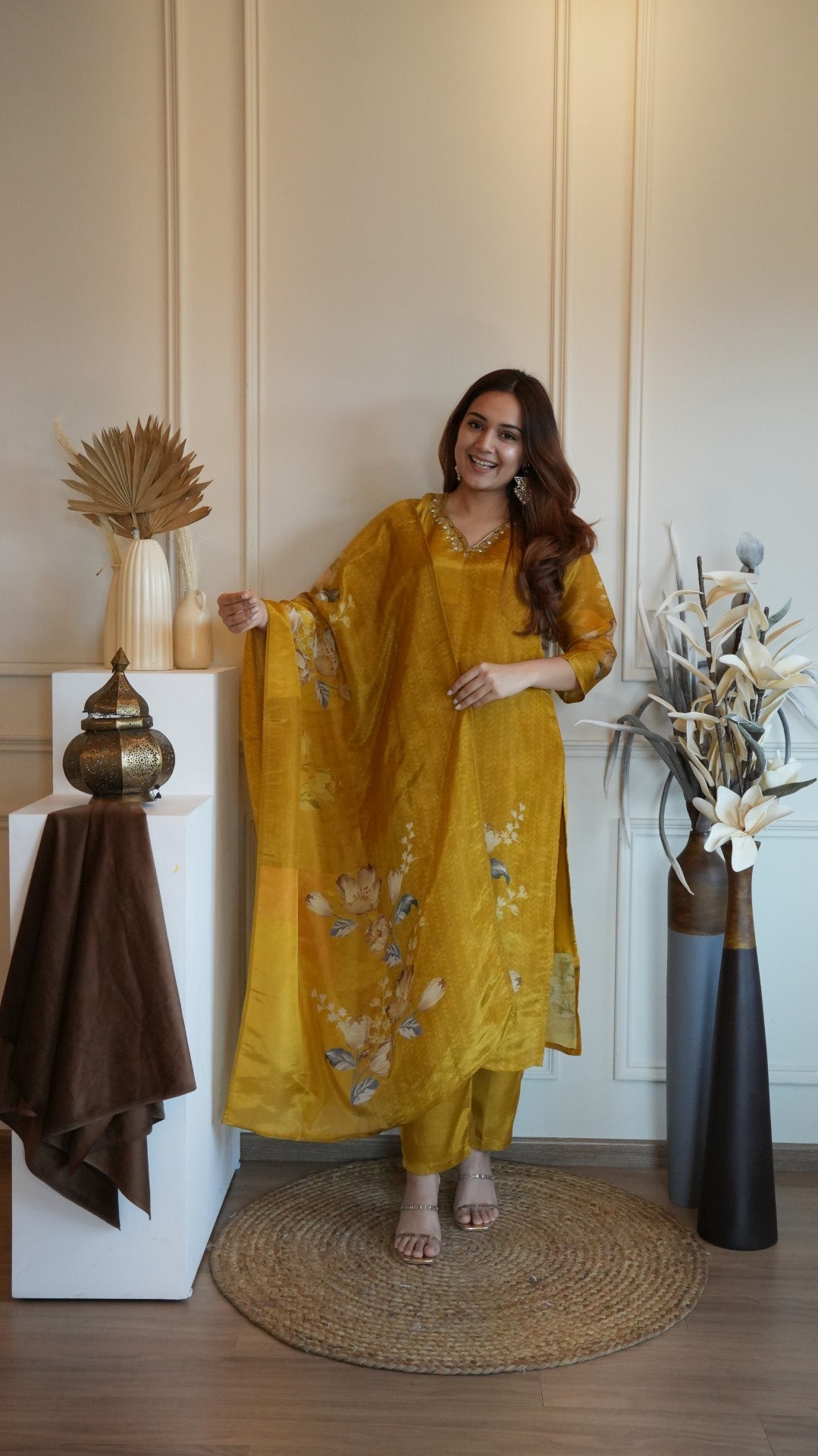 Yellow Digital Printed Pure Simmer Hand Work Suit Set