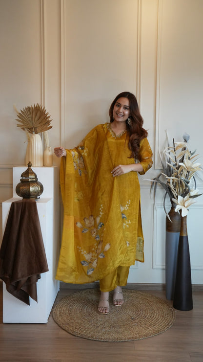 Yellow Digital Printed Pure Simmer Hand Work Suit Set