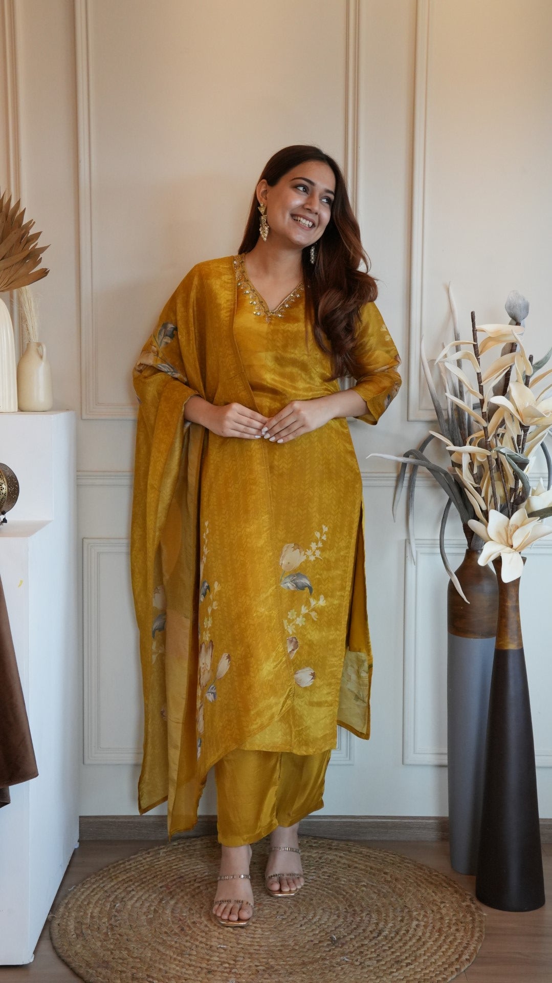 Yellow Digital Printed Pure Simmer Hand Work Suit Set
