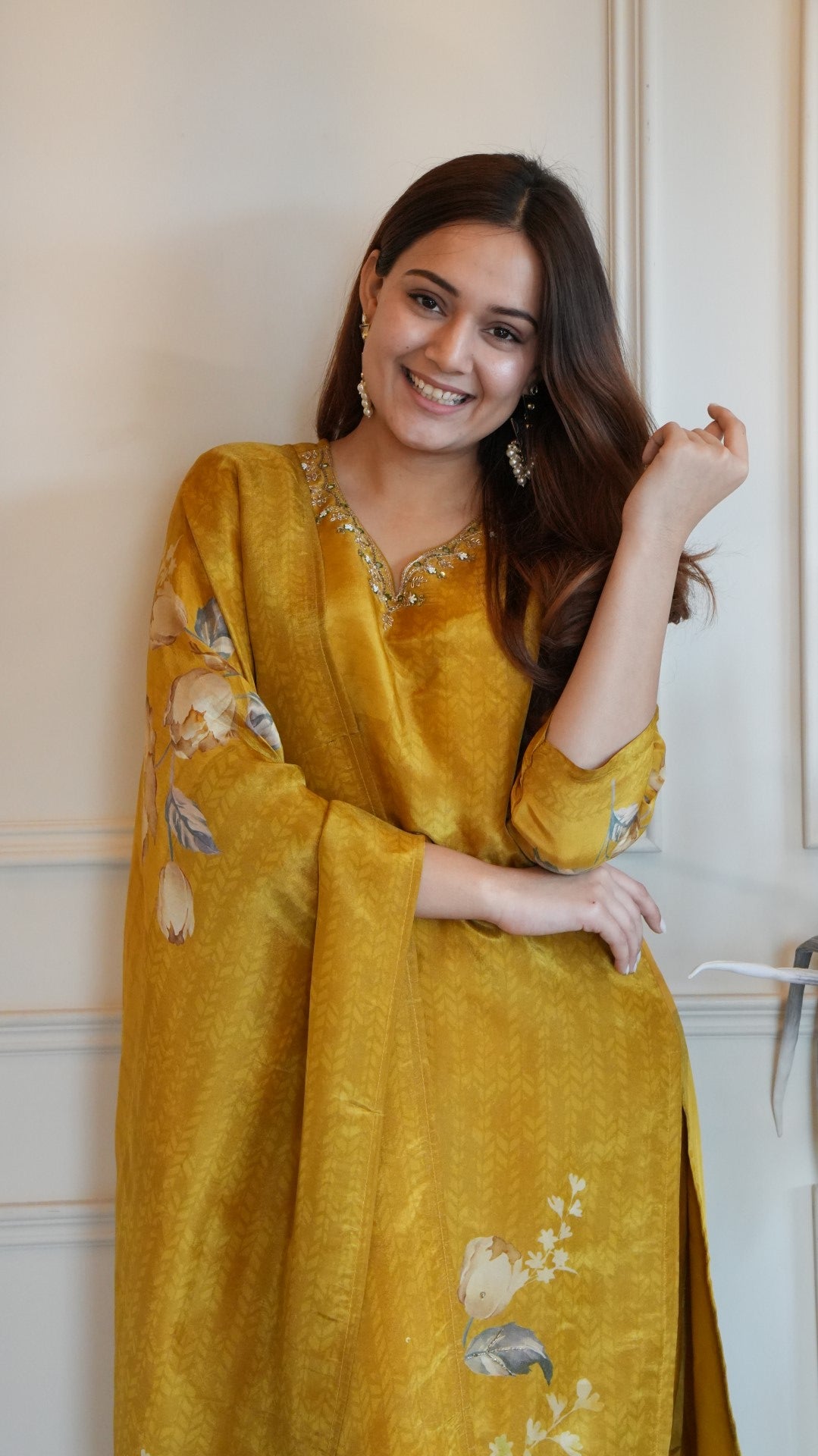 Yellow Digital Printed Pure Simmer Hand Work Suit Set