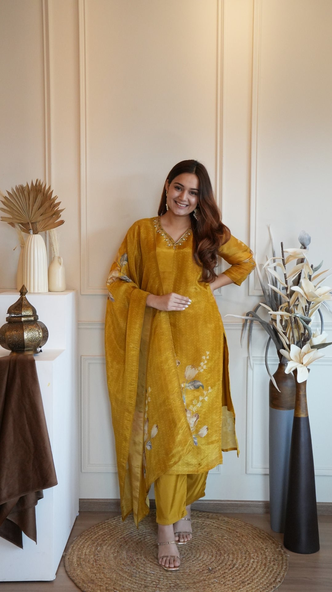 Yellow Digital Printed Pure Simmer Hand Work Suit Set