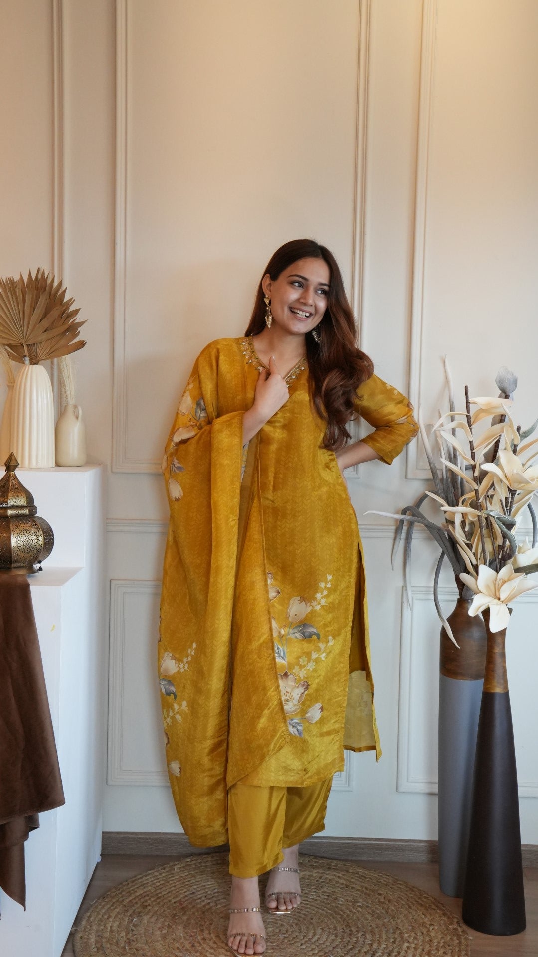Yellow Digital Printed Pure Simmer Hand Work Suit Set