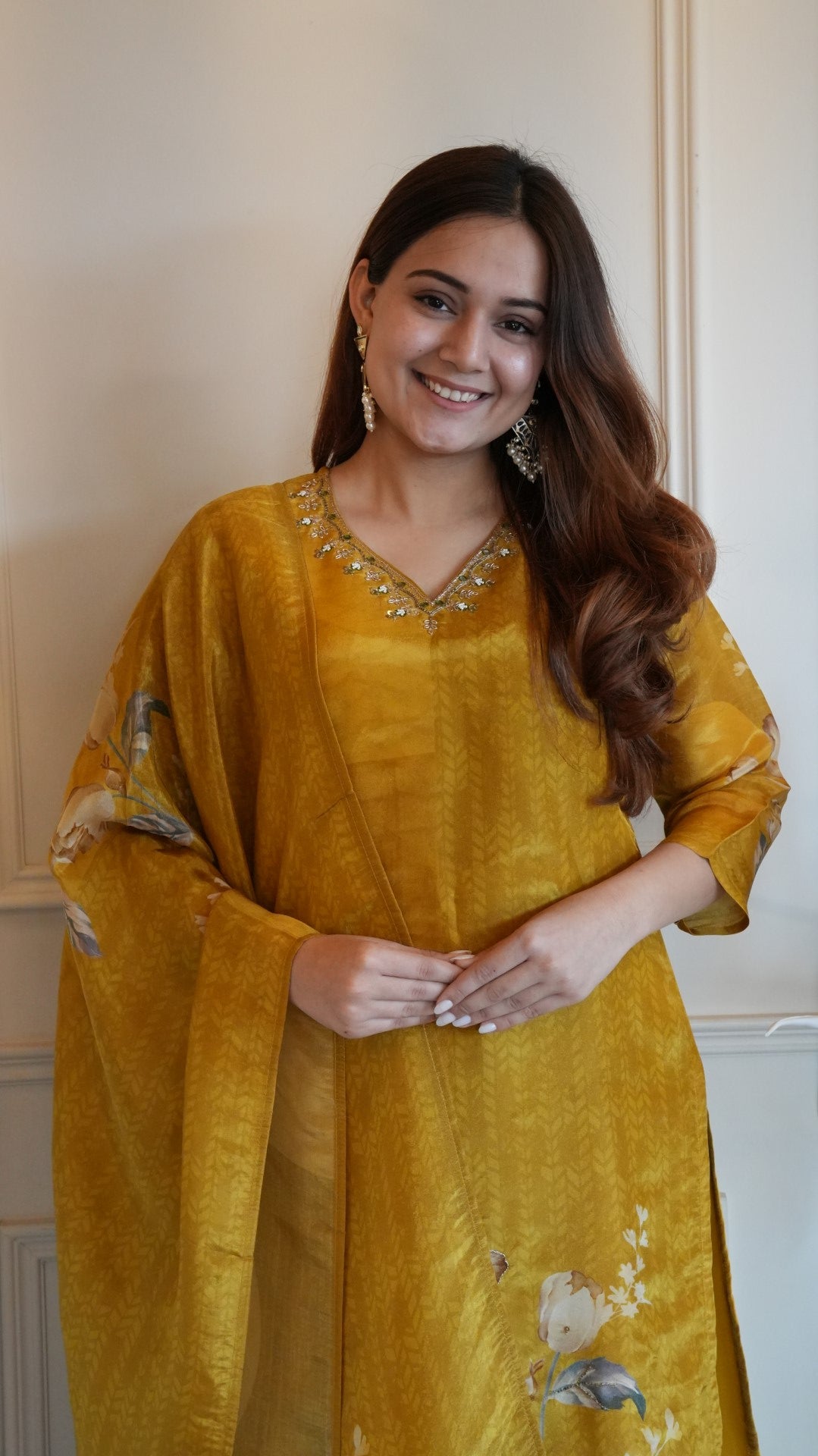 Yellow Digital Printed Pure Simmer Hand Work Suit Set