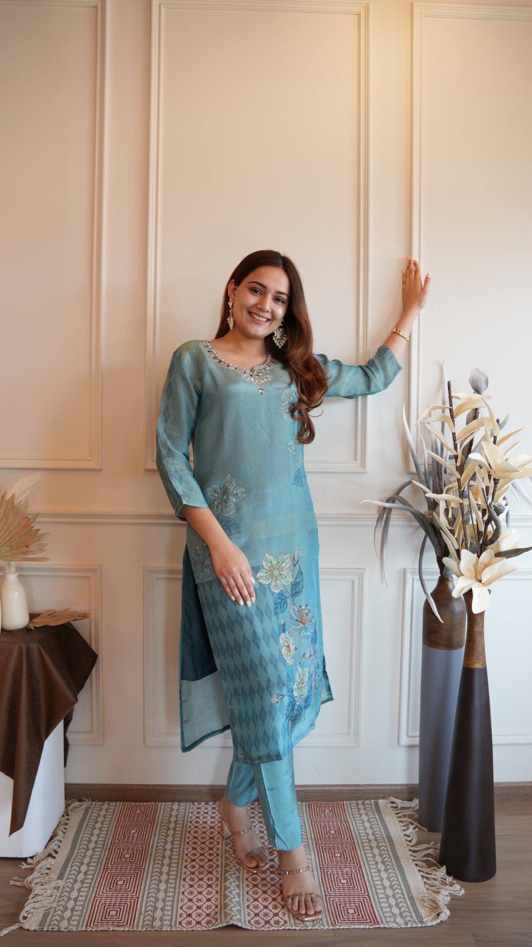 Blue Digital Printed Pure Simmer Hand Work Suit Set