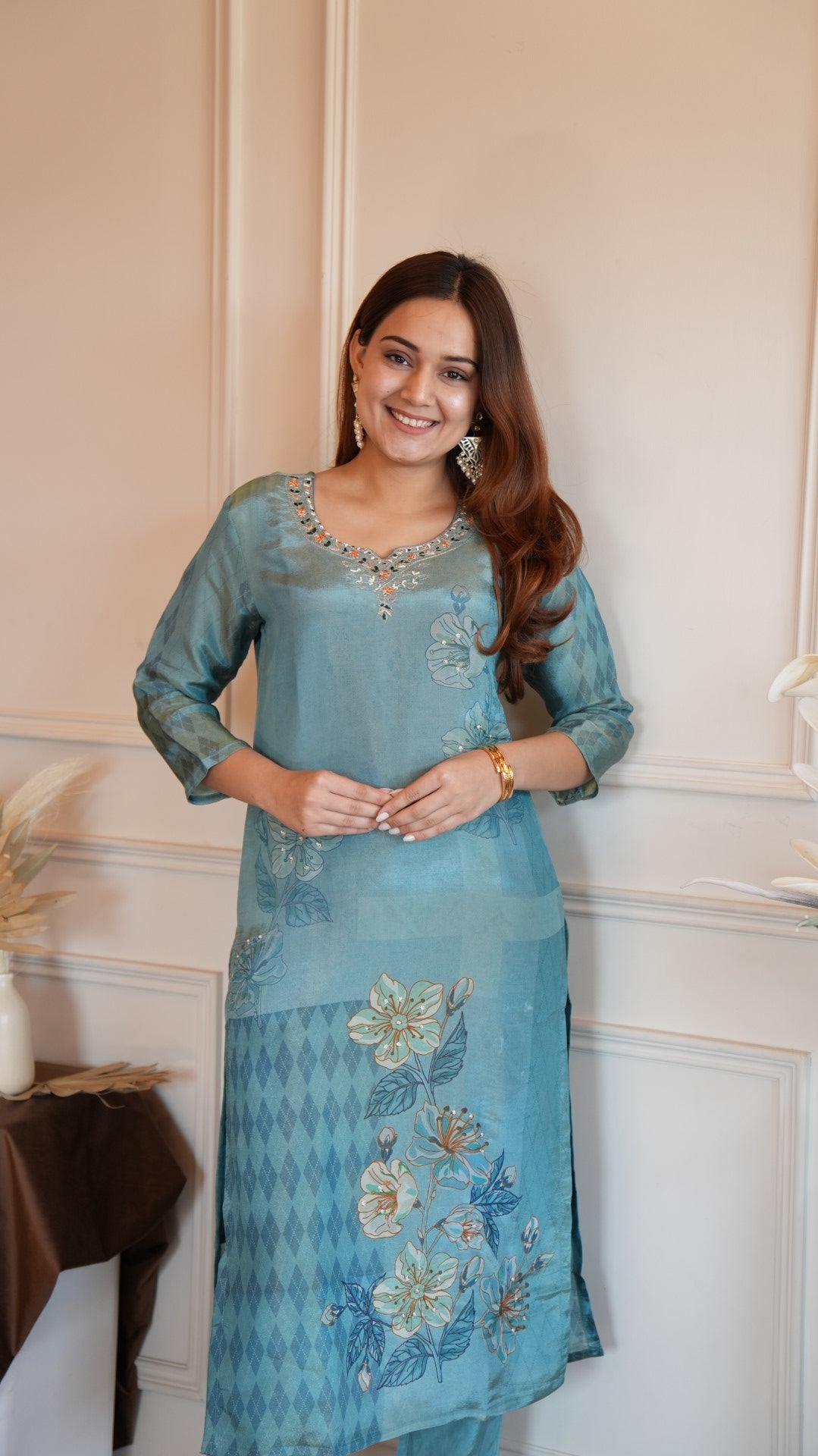 Blue Digital Printed Pure Simmer Hand Work Suit Set