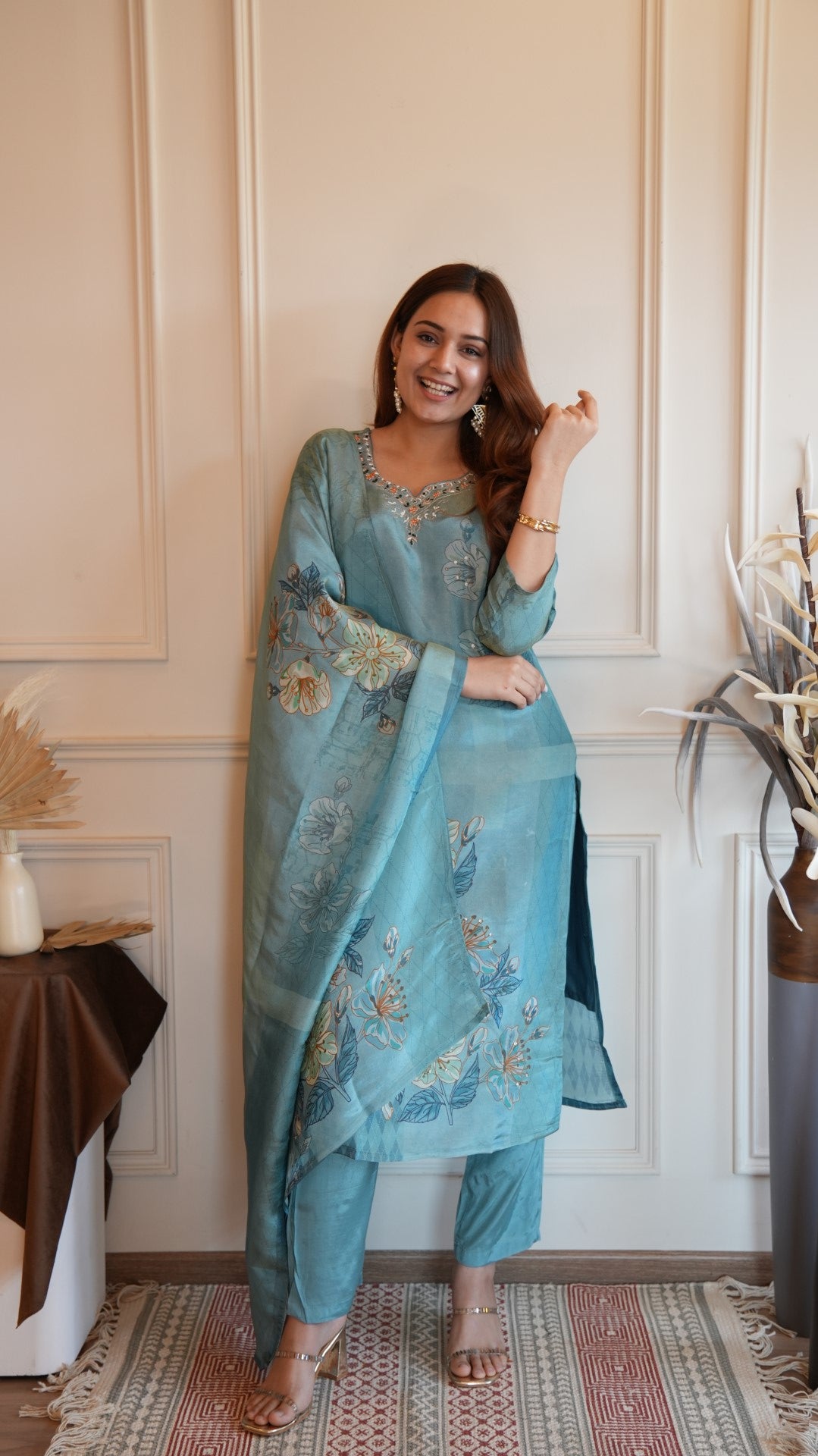 Blue Digital Printed Pure Simmer Hand Work Suit Set