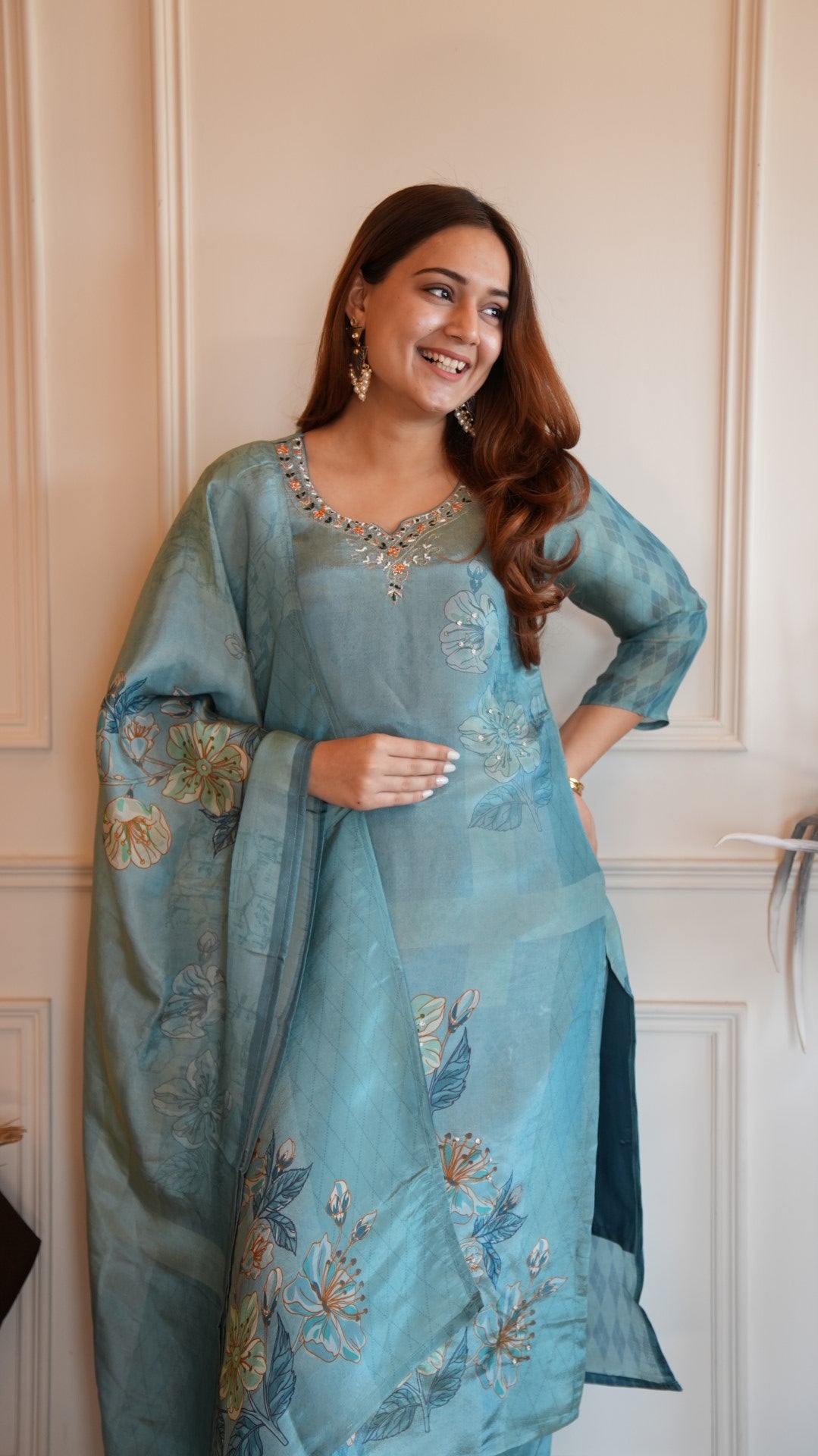 Blue Digital Printed Pure Simmer Hand Work Suit Set