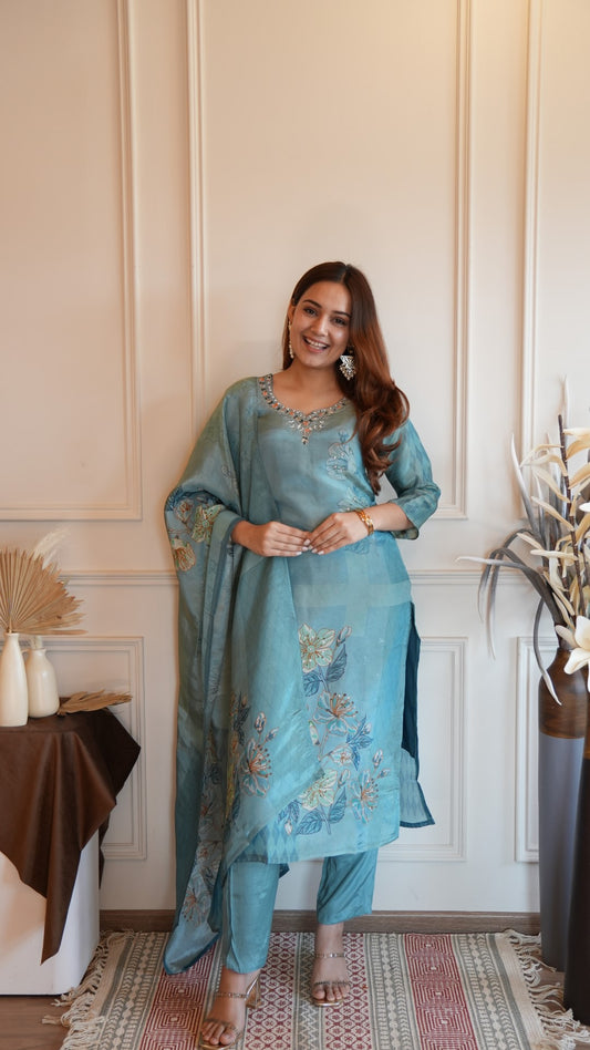 Blue Digital Printed Pure Simmer Hand Work Suit Set