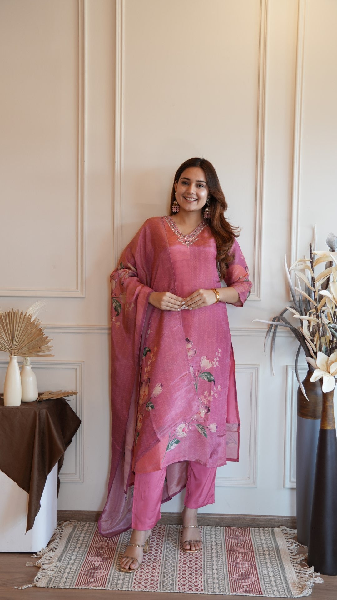 Pink Digital Printed Pure Simmer Hand Work Suit Set