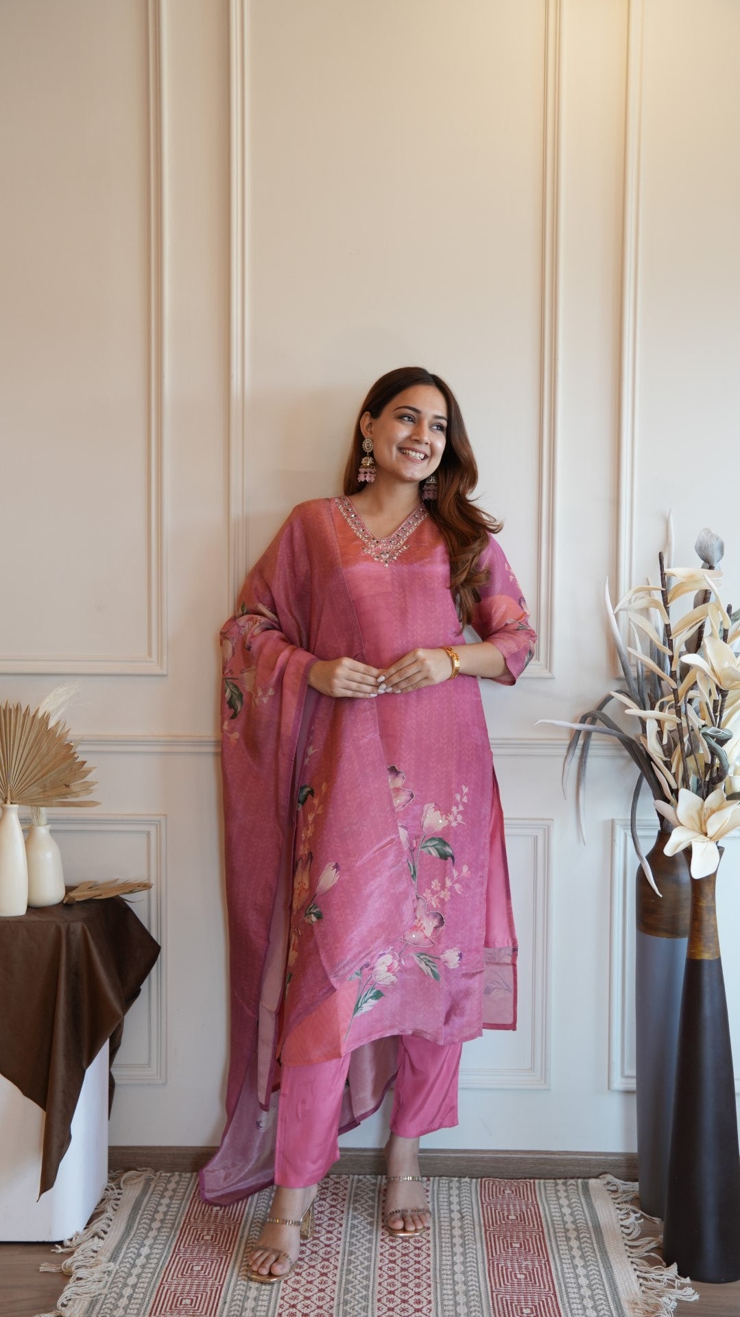 Pink Digital Printed Pure Simmer Hand Work Suit Set