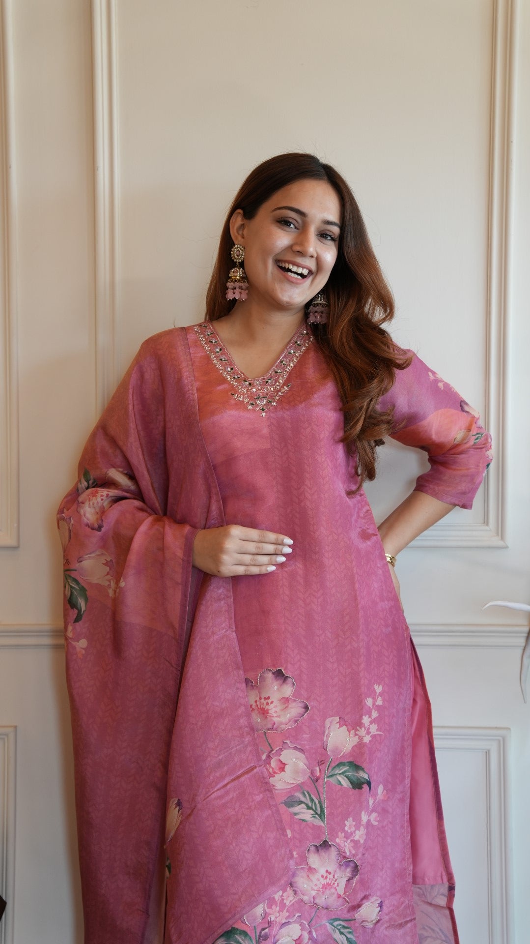 Pink Digital Printed Pure Simmer Hand Work Suit Set