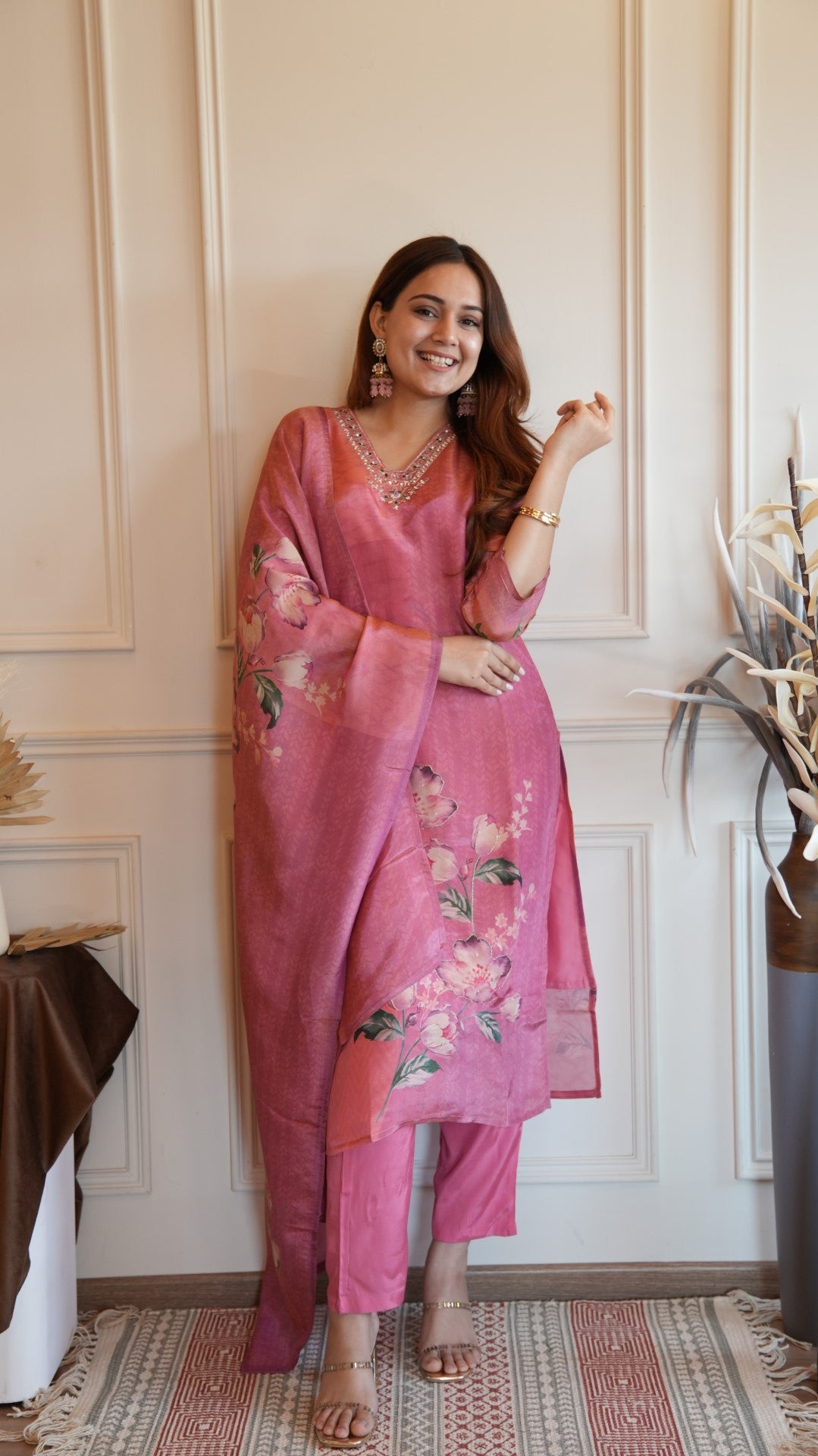 Pink Digital Printed Pure Simmer Hand Work Suit Set
