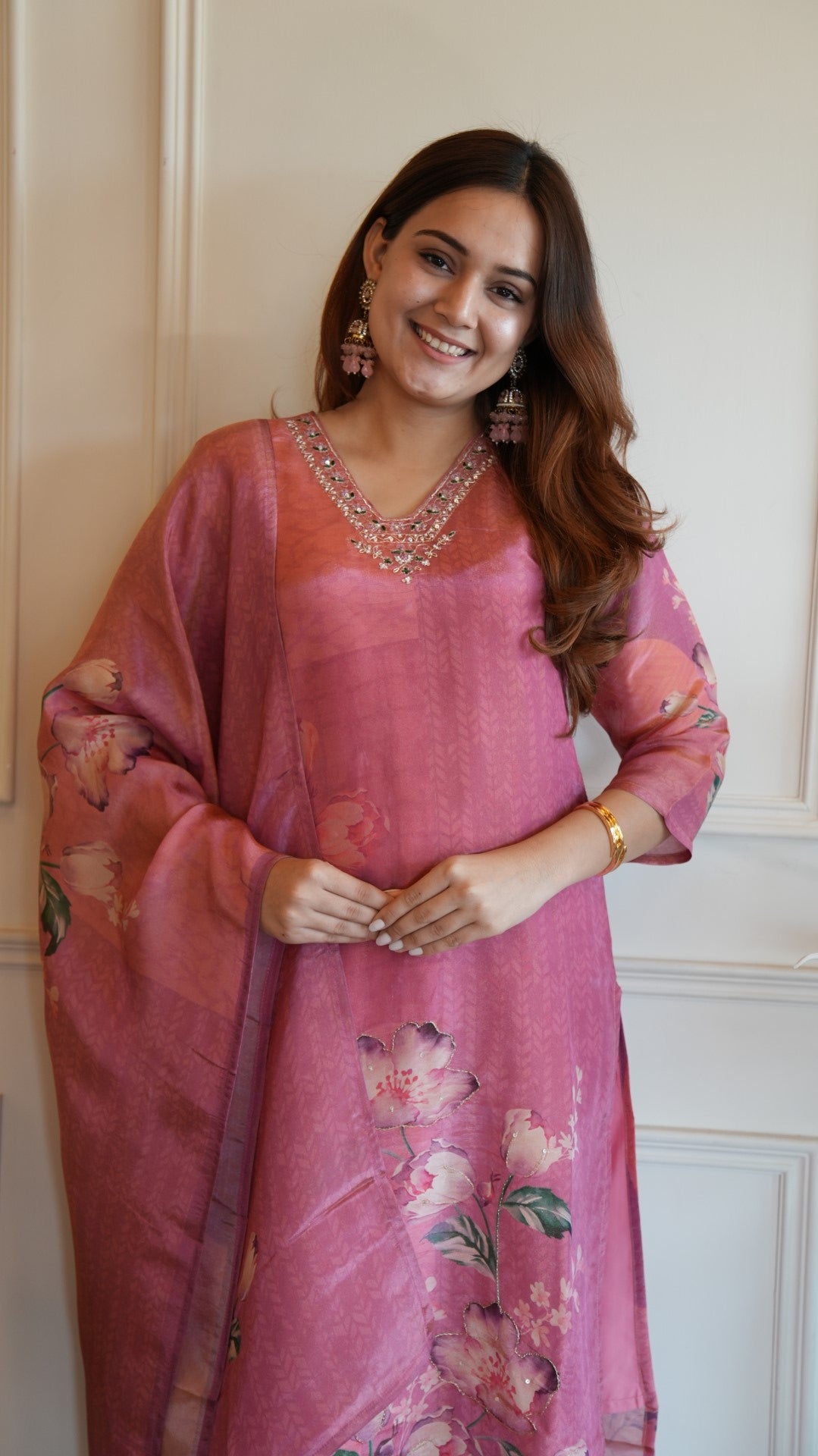 Pink Digital Printed Pure Simmer Hand Work Suit Set