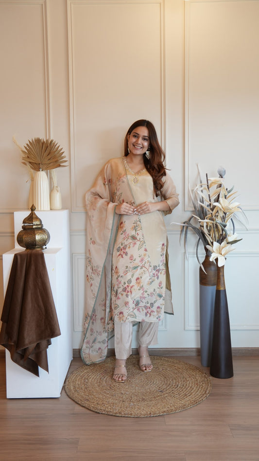 Cream Digital Printed Pure Simmer Hand Work Suit Set
