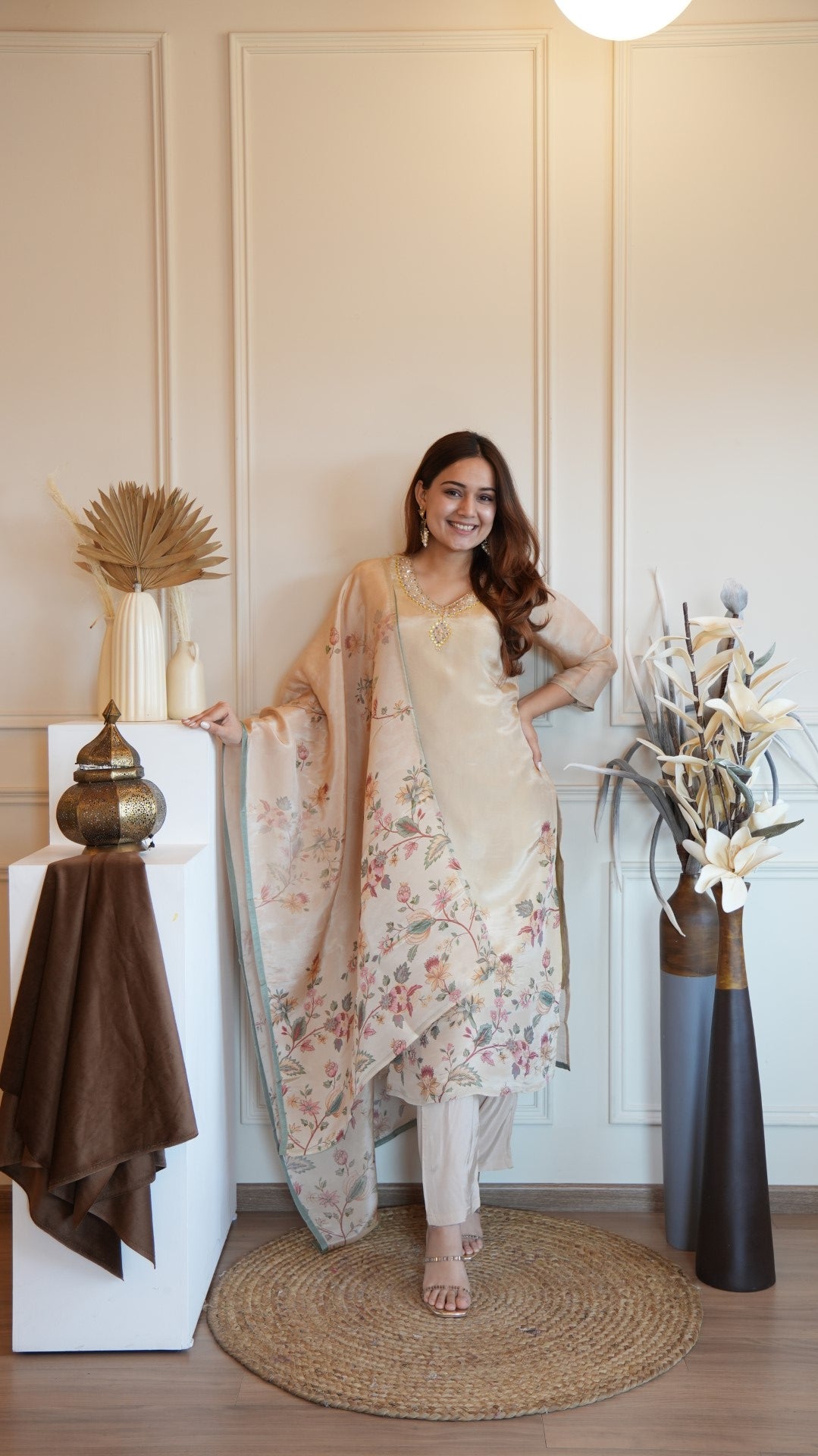 Cream Digital Printed Pure Simmer Hand Work Suit Set