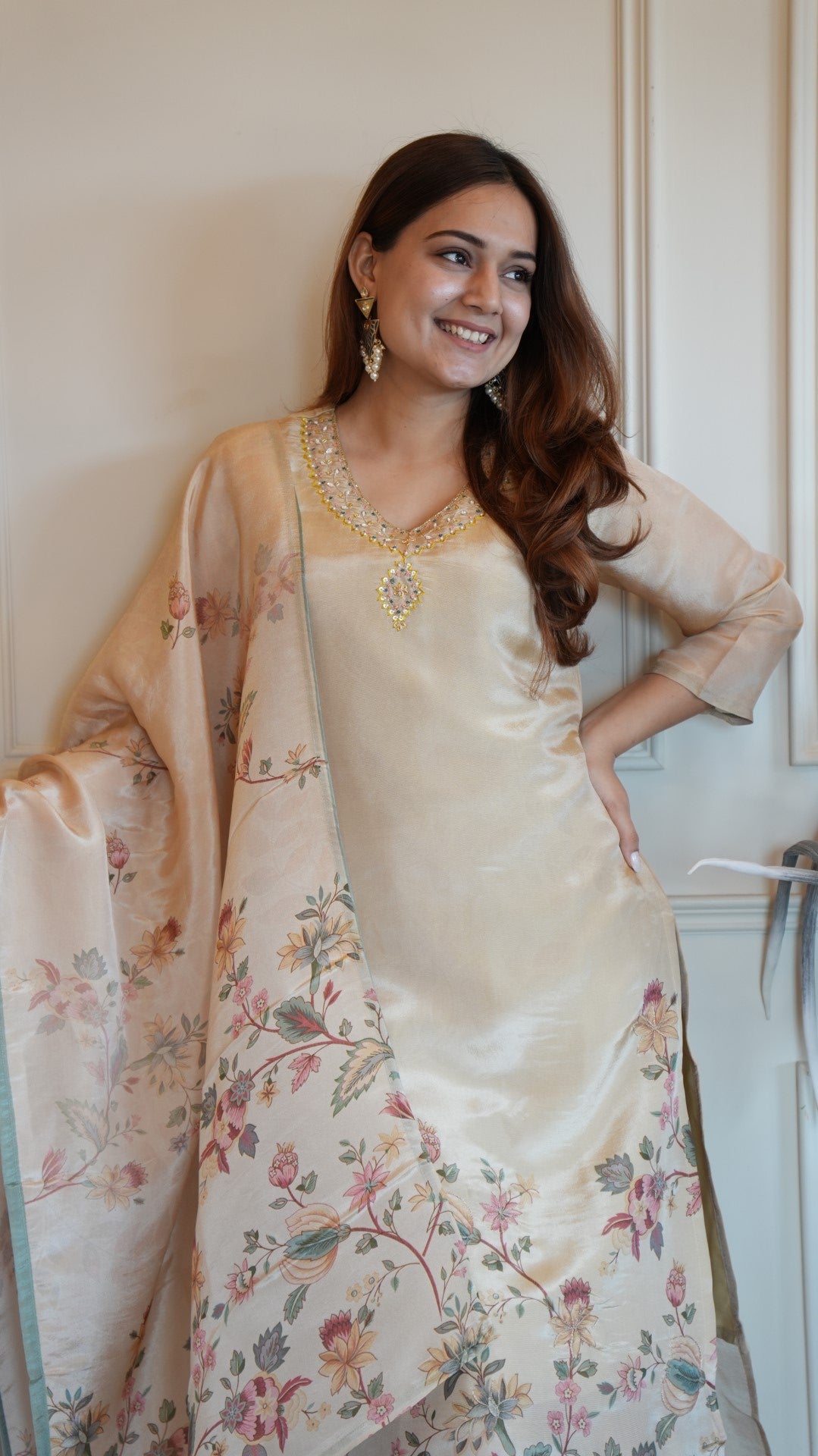 Cream Digital Printed Pure Simmer Hand Work Suit Set