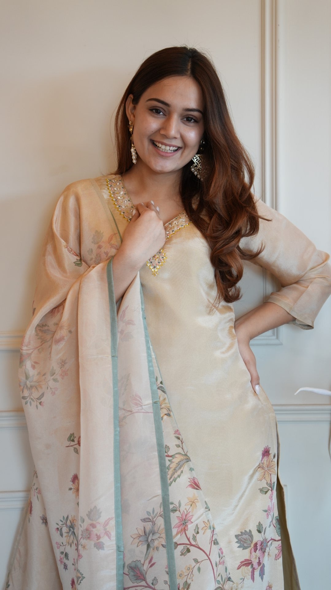 Cream Digital Printed Pure Simmer Hand Work Suit Set