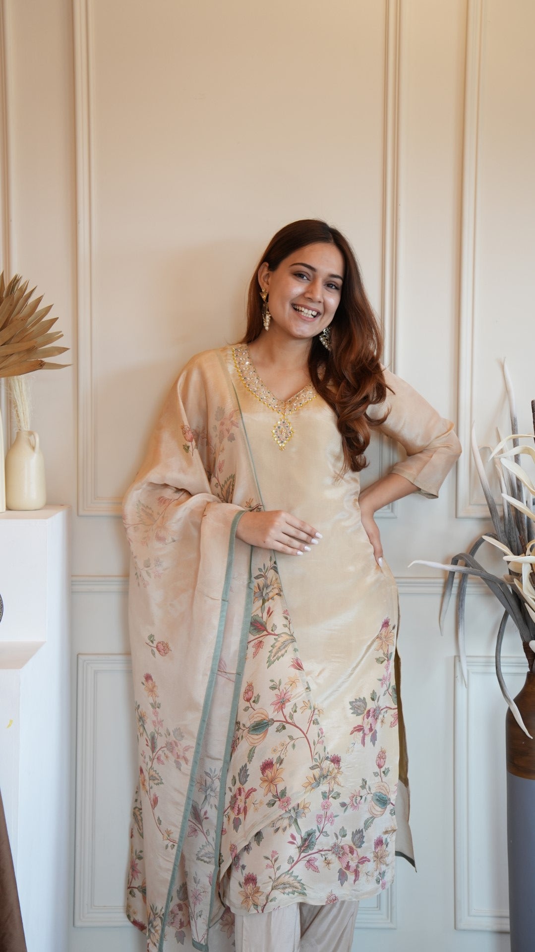 Cream Digital Printed Pure Simmer Hand Work Suit Set