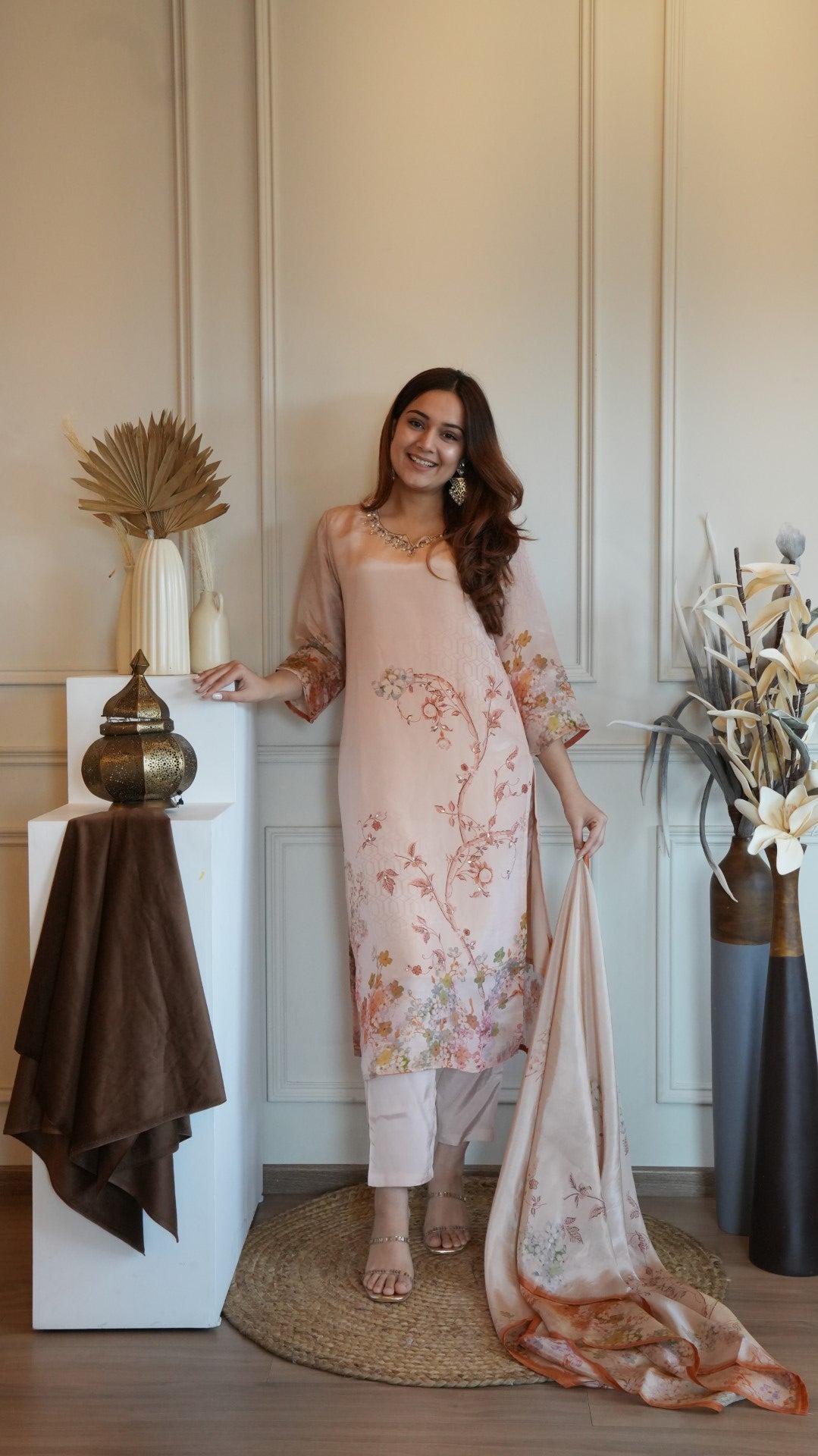 Light Pink Printed Pure Simmer Hand Work Suit Set