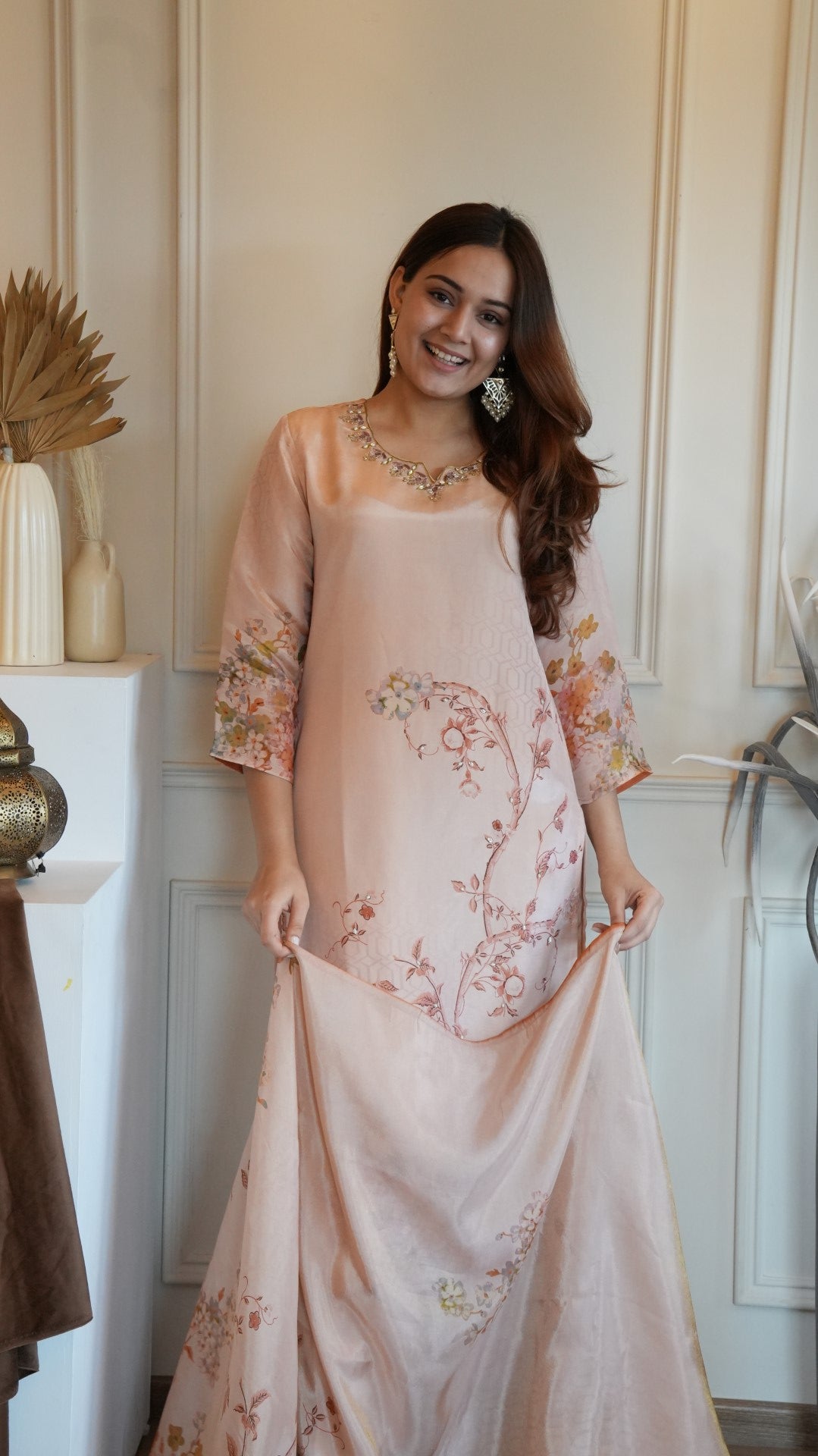 Light Pink Printed Pure Simmer Hand Work Suit Set
