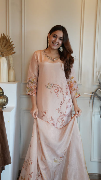 Light Pink Printed Pure Simmer Hand Work Suit Set