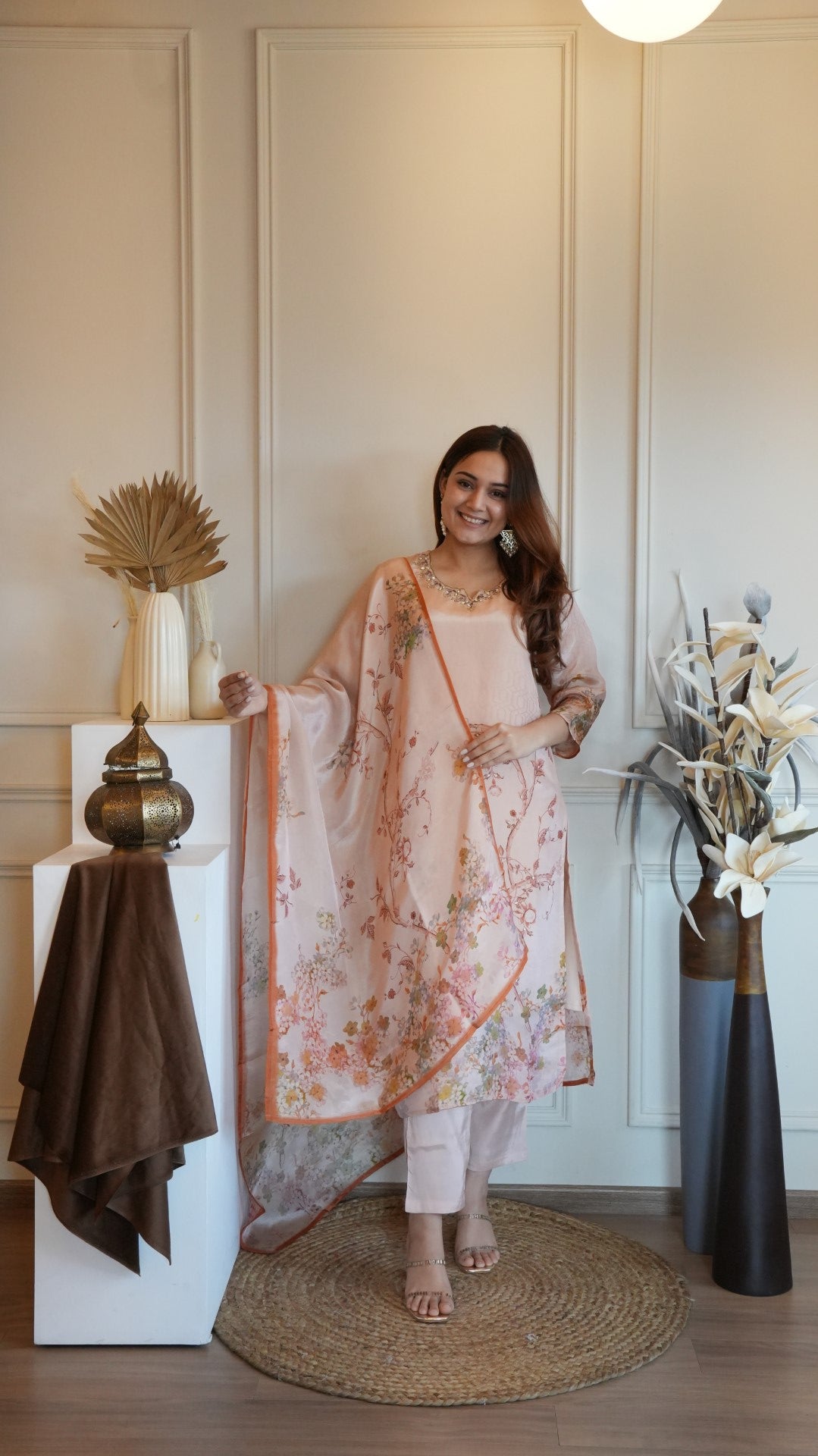 Light Pink Printed Pure Simmer Hand Work Suit Set