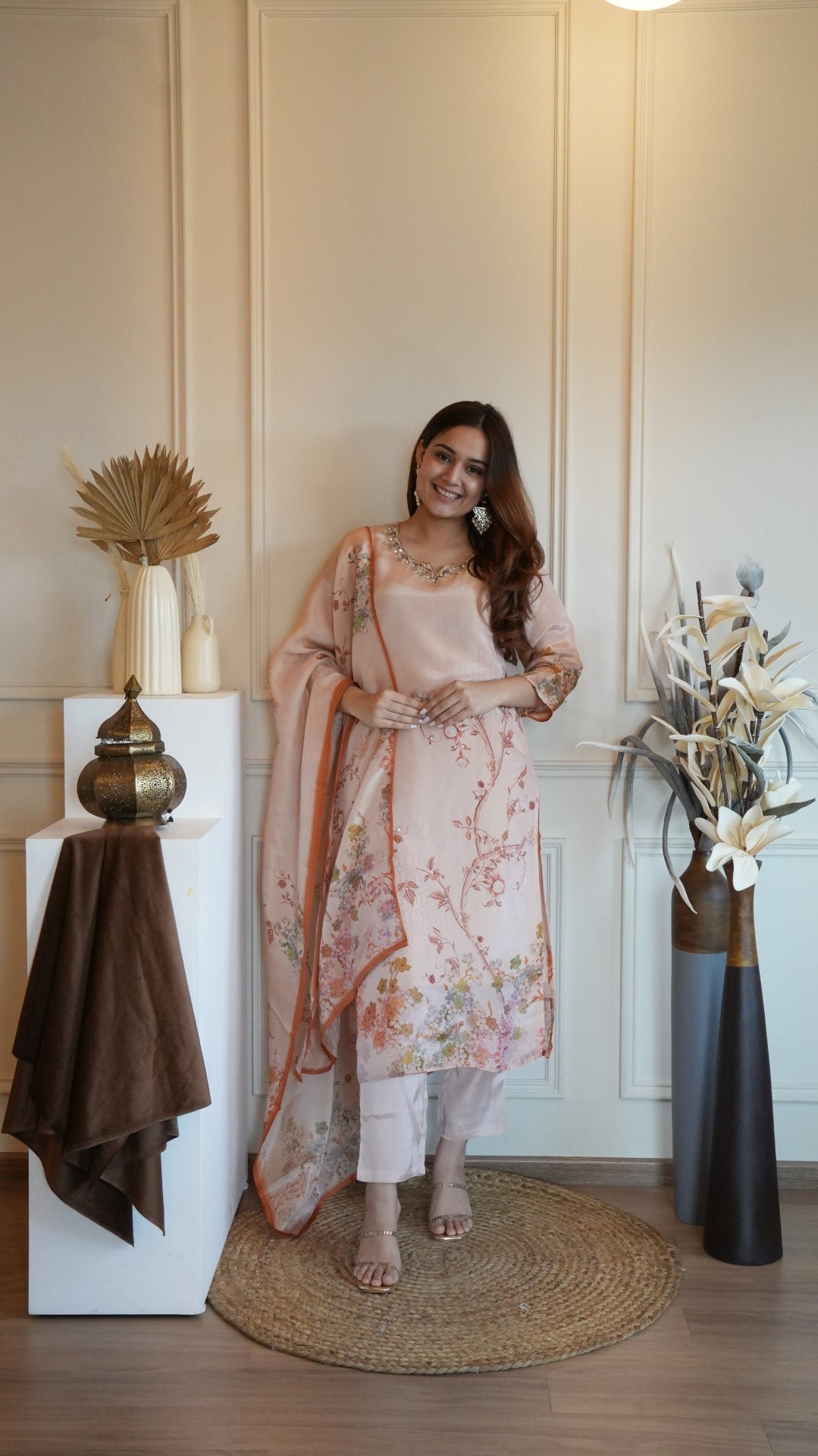 Light Pink Printed Pure Simmer Hand Work Suit Set