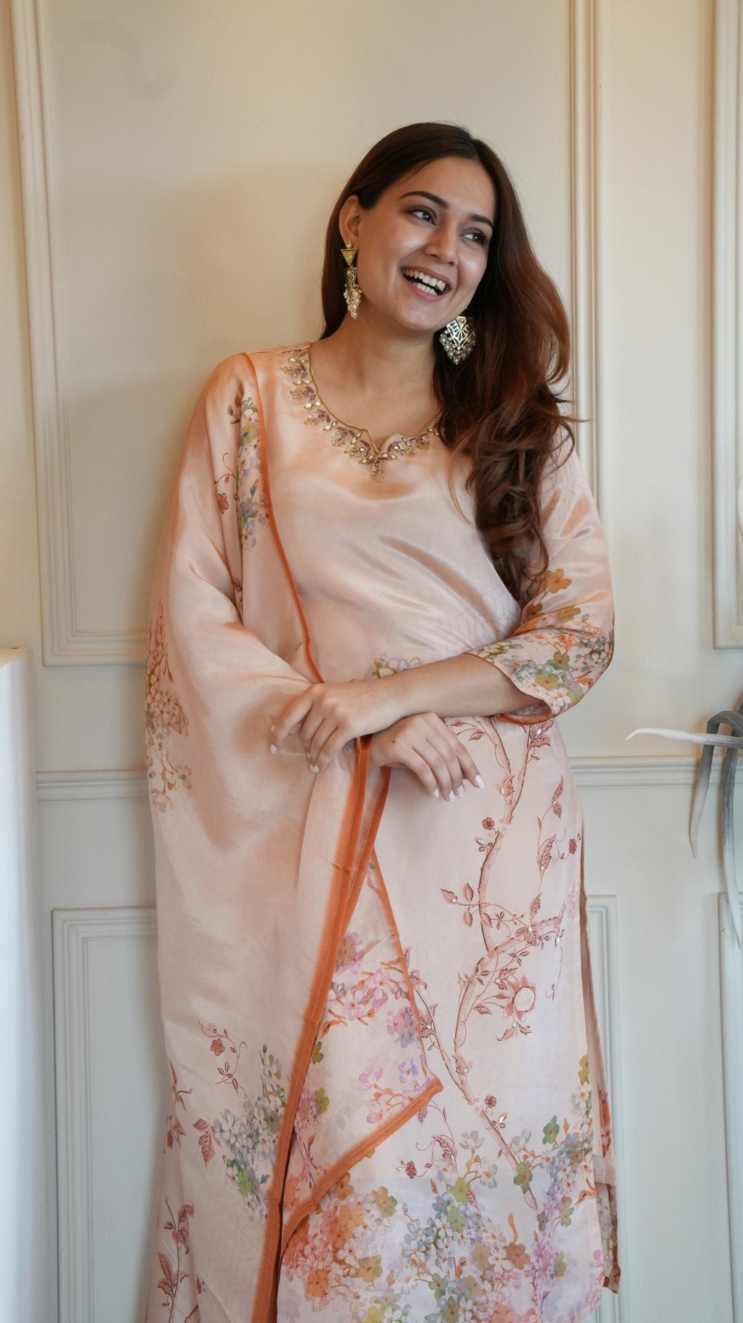 Light Pink Printed Pure Simmer Hand Work Suit Set