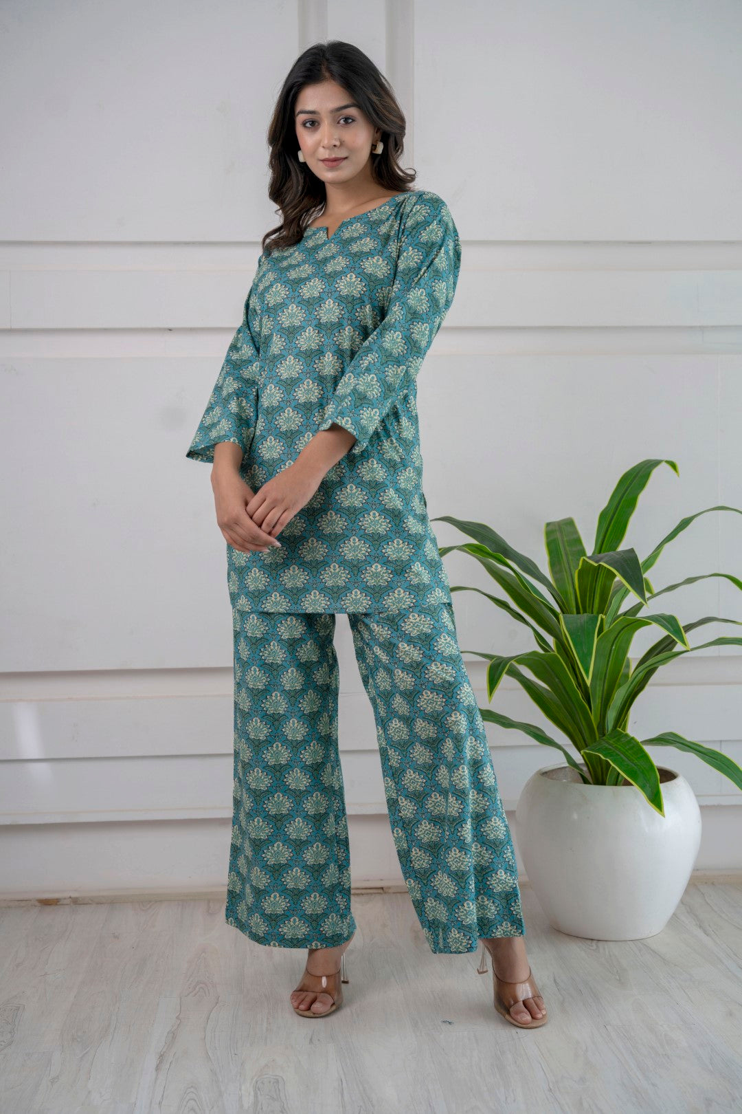 Teal Floret Cotton Loungewear Co-Ord Set