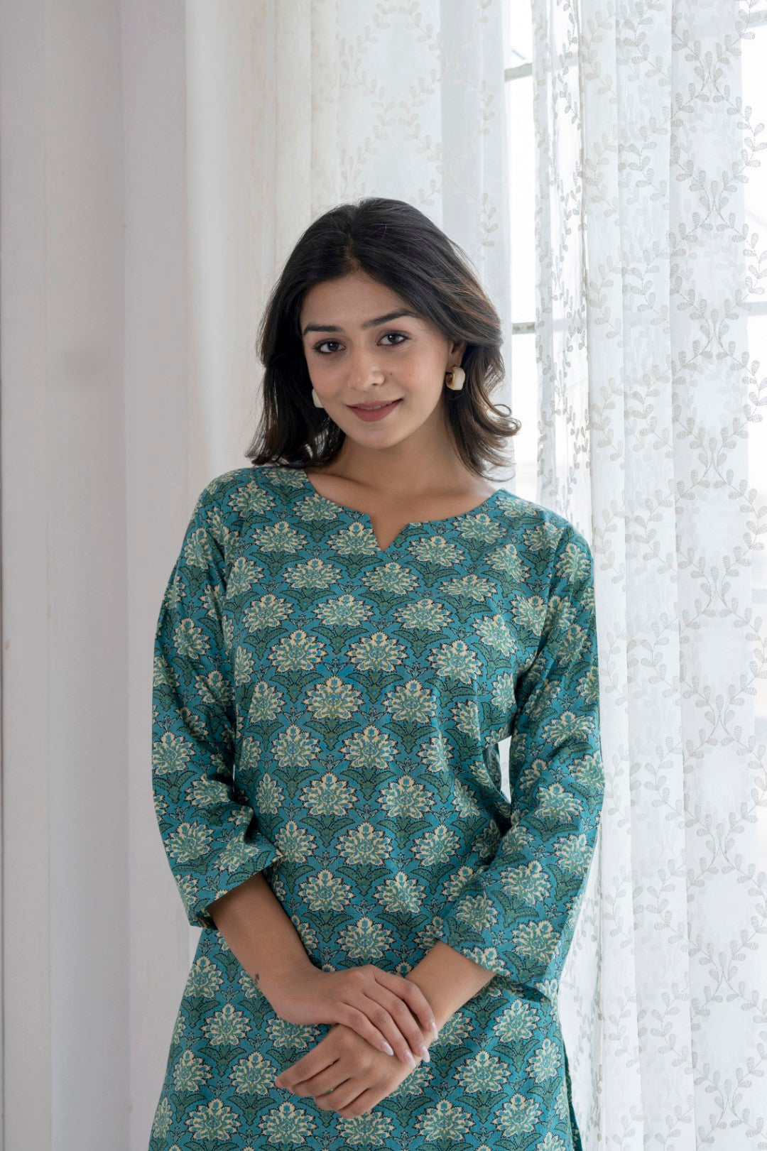 Teal Floret Cotton Loungewear Co-Ord Set