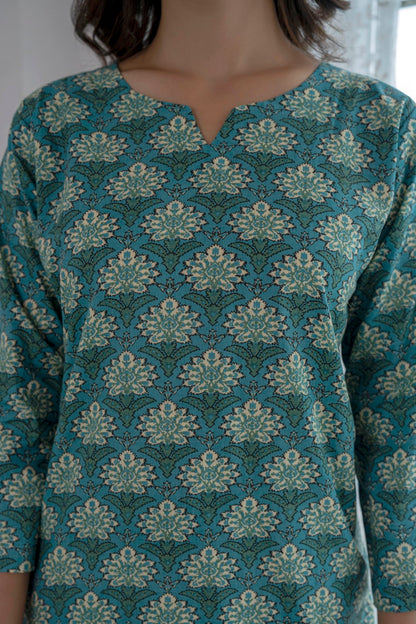 Teal Floret Cotton Loungewear Co-Ord Set