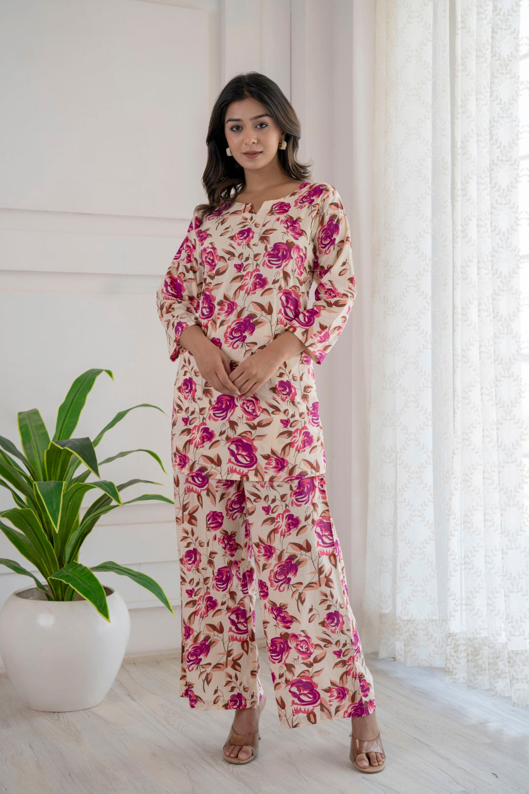 Magenta Bloom Cotton Loungewear Co-Ord Set