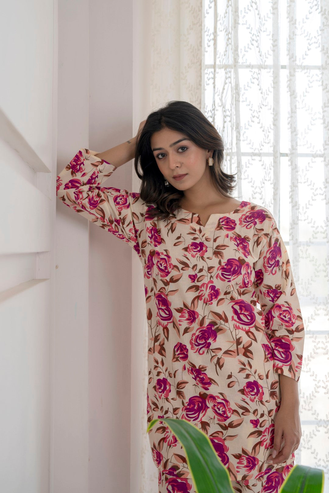 Magenta Bloom Cotton Loungewear Co-Ord Set