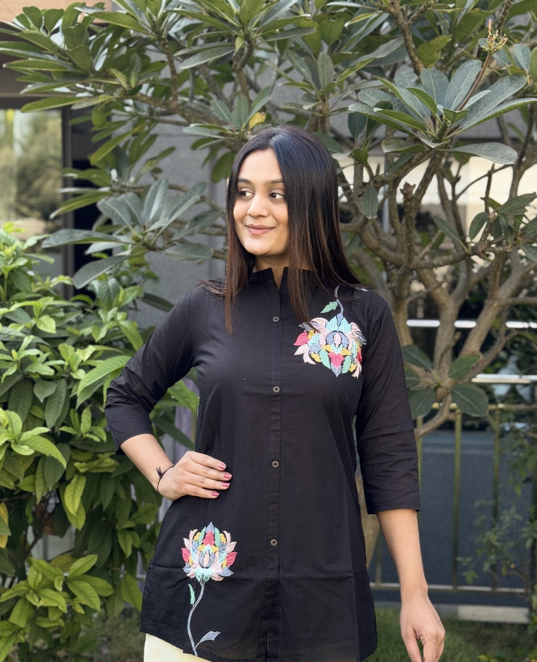 Black Daily Wear Embroidery Short Top